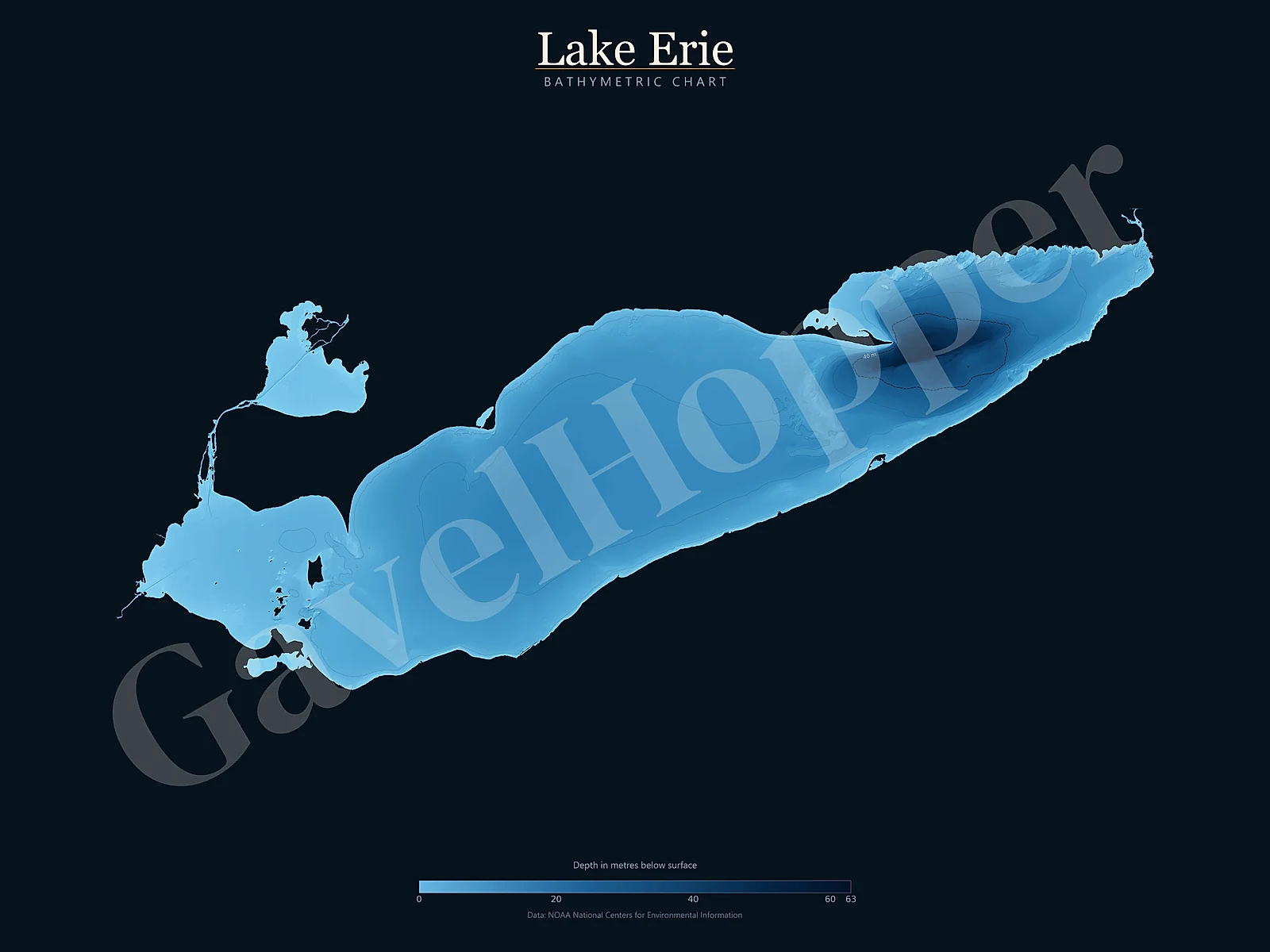 Lake Erie printable bathymetric lake map PNG included in Great Lakes digital wall art pack