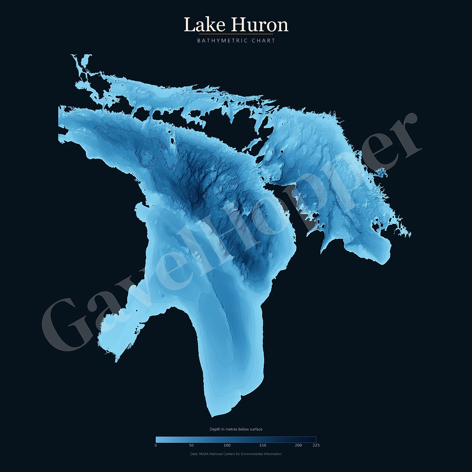 Lake Huron printable bathymetric lake map PNG included in Great Lakes digital wall art pack