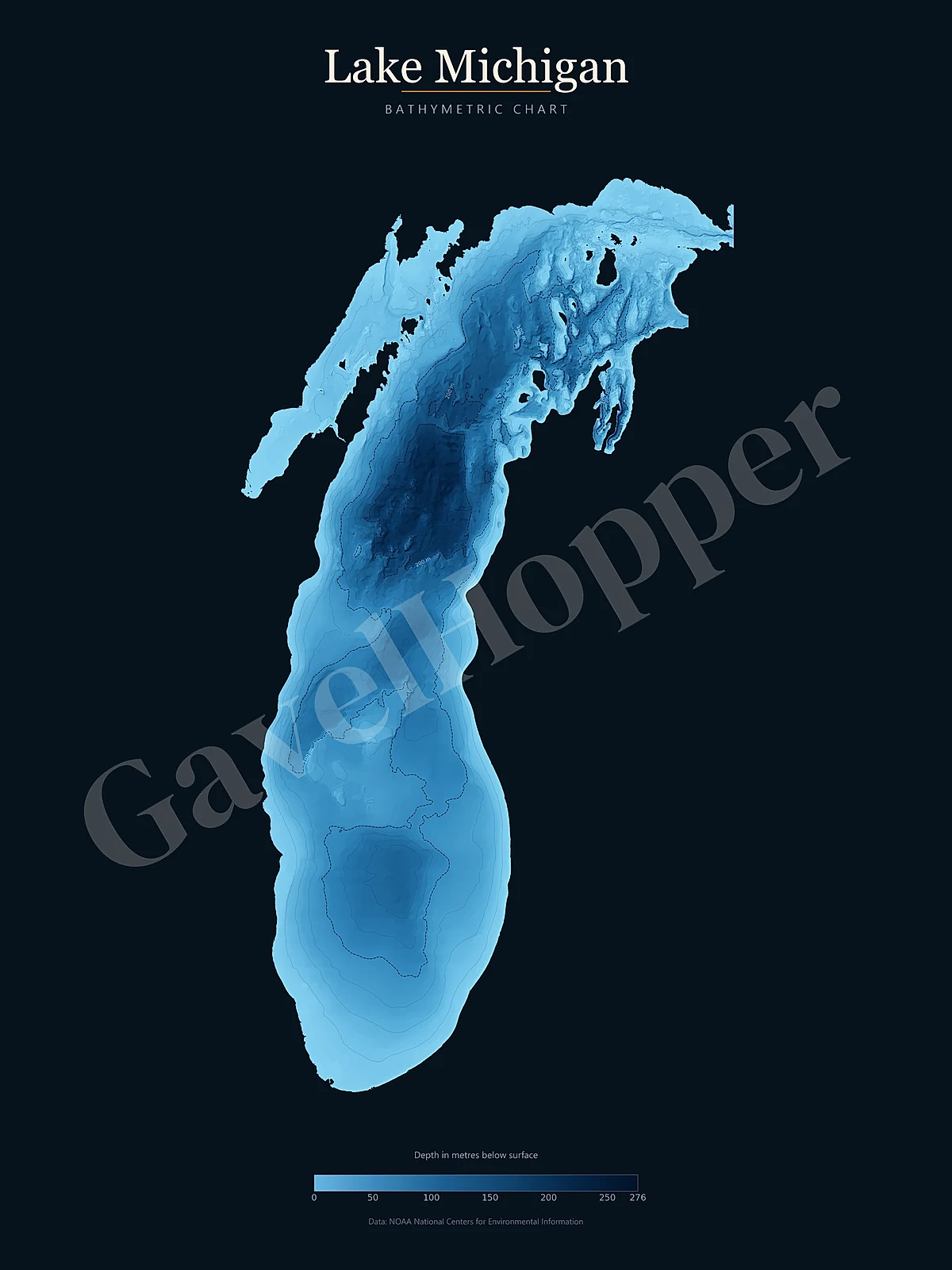 Lake Michigan printable bathymetric lake map PNG included in Great Lakes digital wall art pack