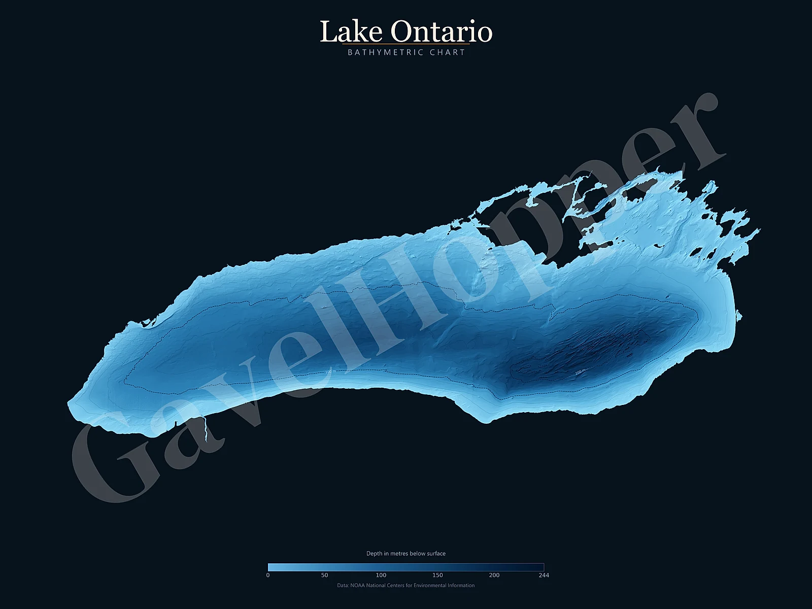 Lake Ontario printable bathymetric lake map PNG included in Great Lakes digital wall art pack