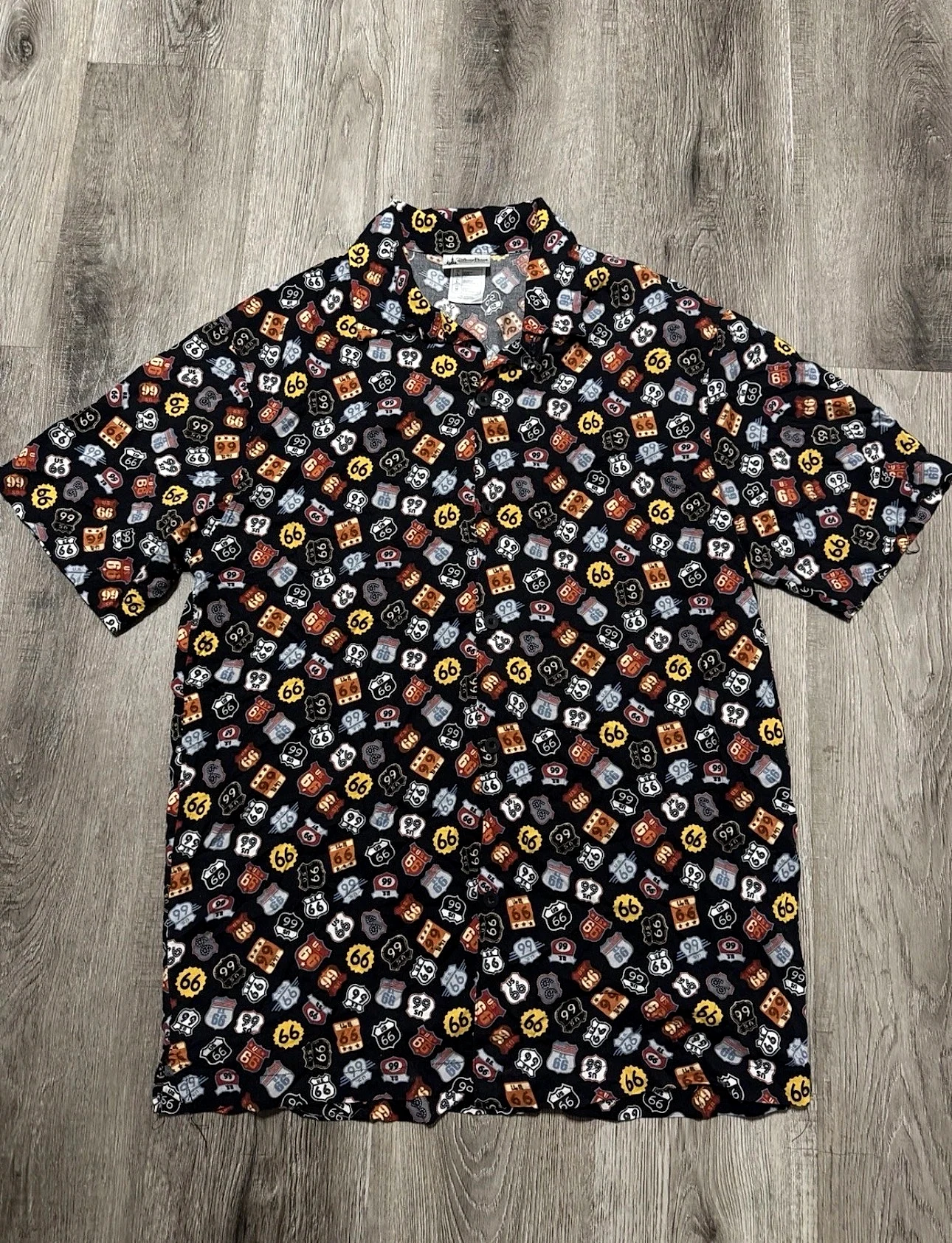Disney Parks Route 66 All Over Print 100% Rayon Mens M Hawaiian Camp Shirt