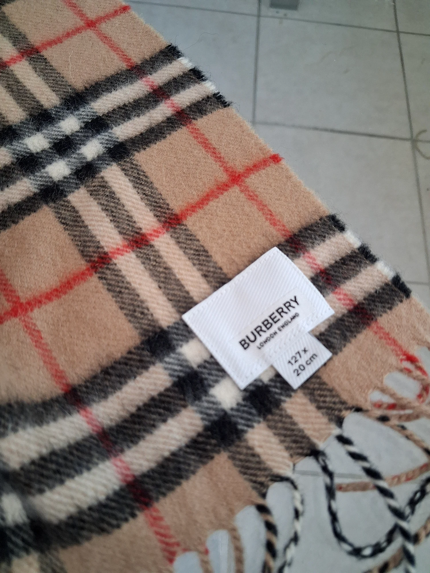 Burberry Kids Classic Check Cashmere Scarf 127x20cm Beige Made in Scotland